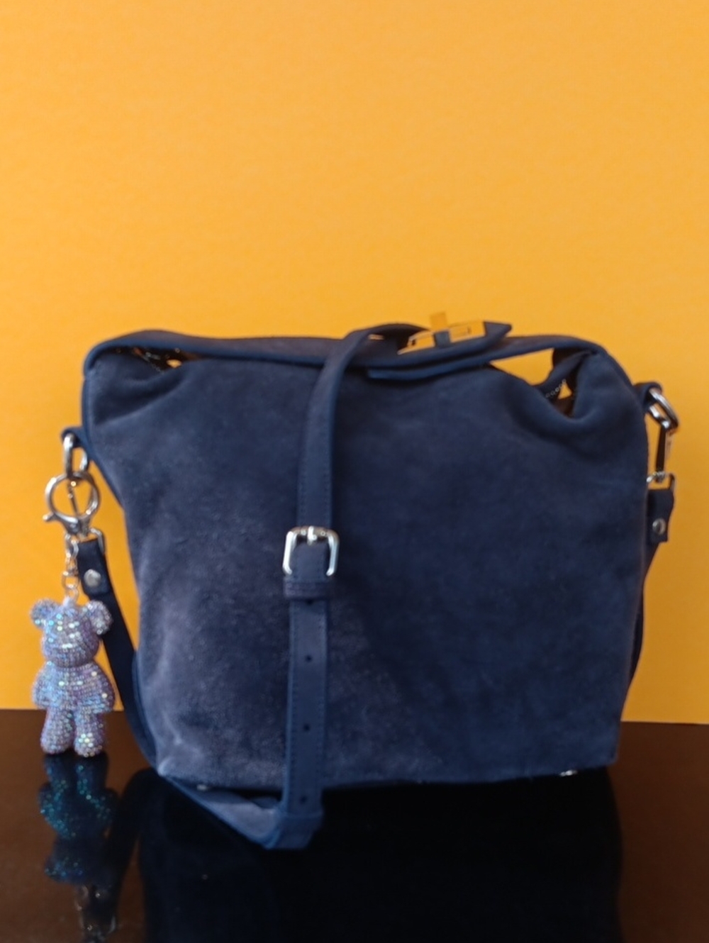Claudia Firenze Navy Suede Crossbody Bag with Charm Made In Italy Size 10+9+5.5